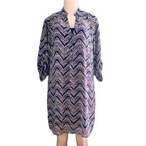 Tacera Blue and White Sheer Vneck Overlay Shirt Dress 3/4 Sleeve Size Large